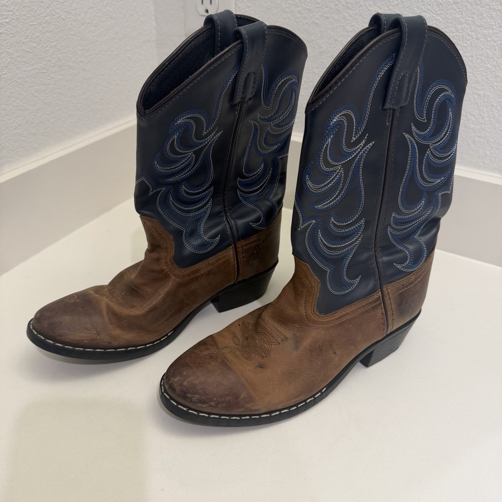 CODY JAMES Kids Western Cowboy Boots Youth Size 5 D Brown Blue Leather Two Tone